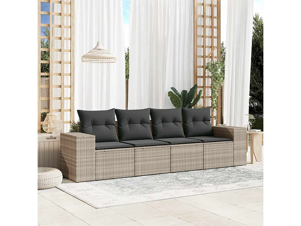 Salon de jardin 4 pcs avec coussins gris clair résine tressée