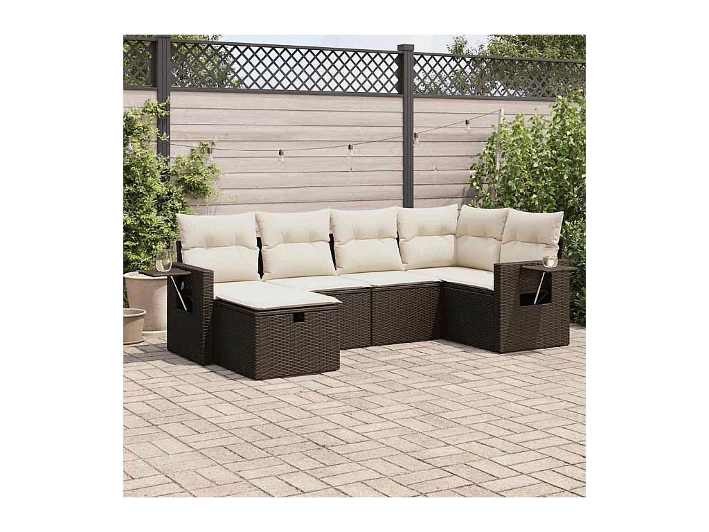 Set Divano da Giardino 6 pz con Cuscini Marrone in Polyrattan