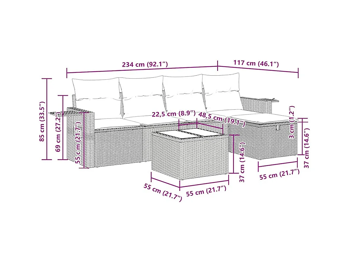 Set Divano da Giardino 6 pz con Cuscini Marrone in Polyrattan
