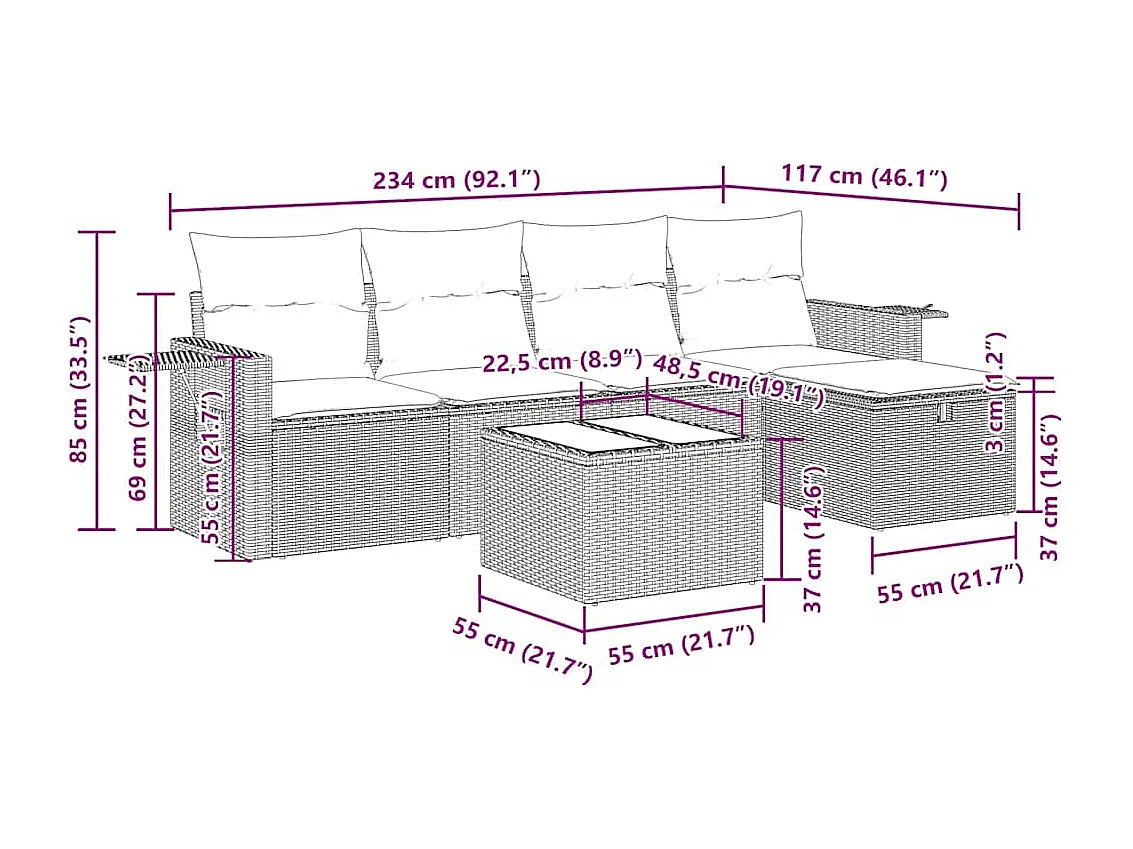 Salon de jardin avec coussins 6 pcs marron résine tressée
