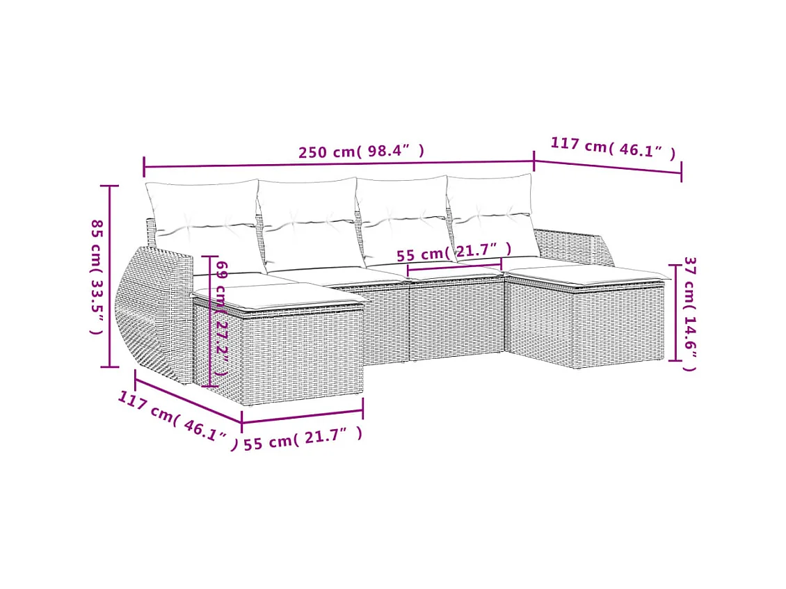 Salon de jardin avec coussins 6 pcs marron résine tressée