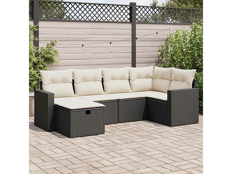 Set Divano da Giardino 6 pz con Cuscini Nero in Polyrattan