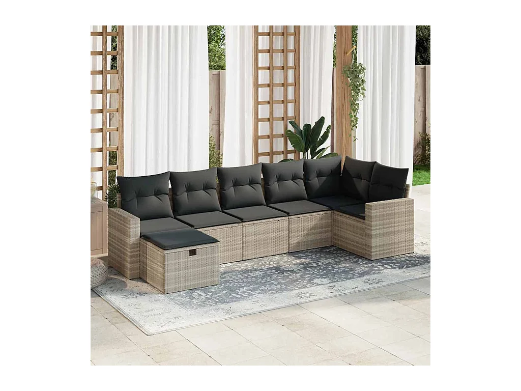 7 pcs conj. sofás jardim com almofadões vime PE cinzento-claro