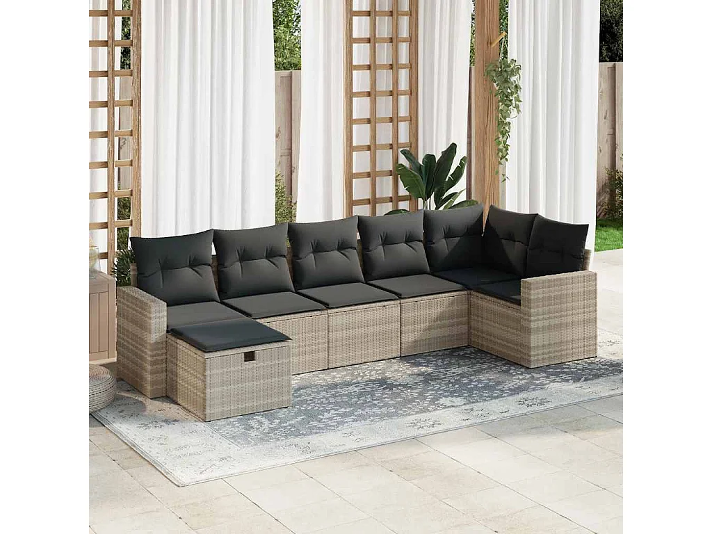 7-tlg. Garten-Sofagarnitur mit Kissen Hellgrau Poly Rattan