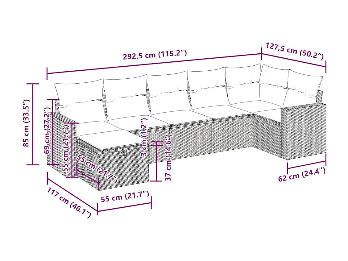 7-tlg. Garten-Sofagarnitur mit Kissen Hellgrau Poly Rattan