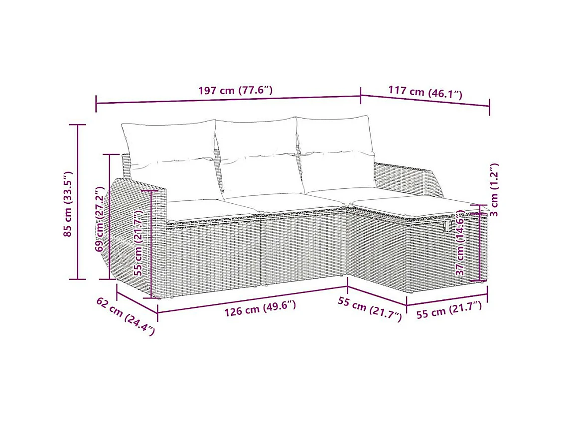 Salon de jardin 4 pcs avec coussins gris clair résine tressée