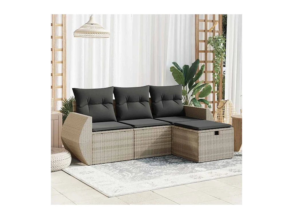 Salon de jardin 4 pcs avec coussins gris clair résine tressée