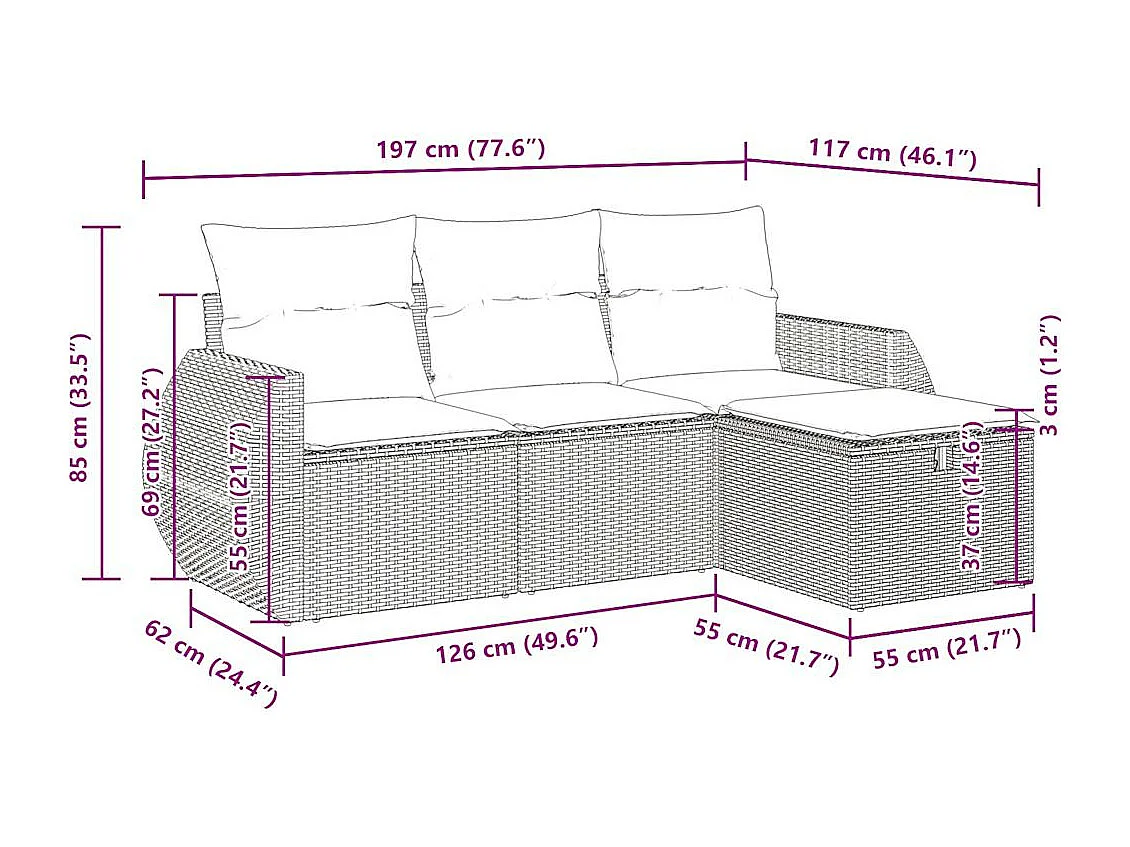Salon de jardin 4 pcs avec coussins gris clair résine tressée