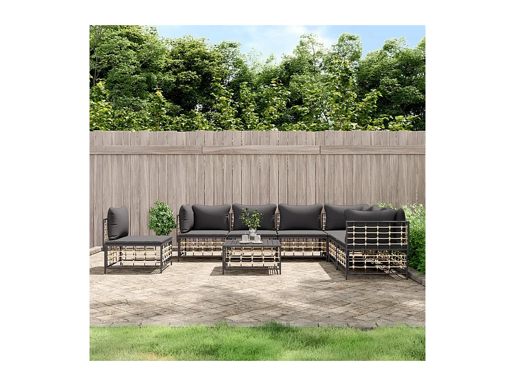 Salon de jardin 8 pcs avec coussins anthracite résine tressée