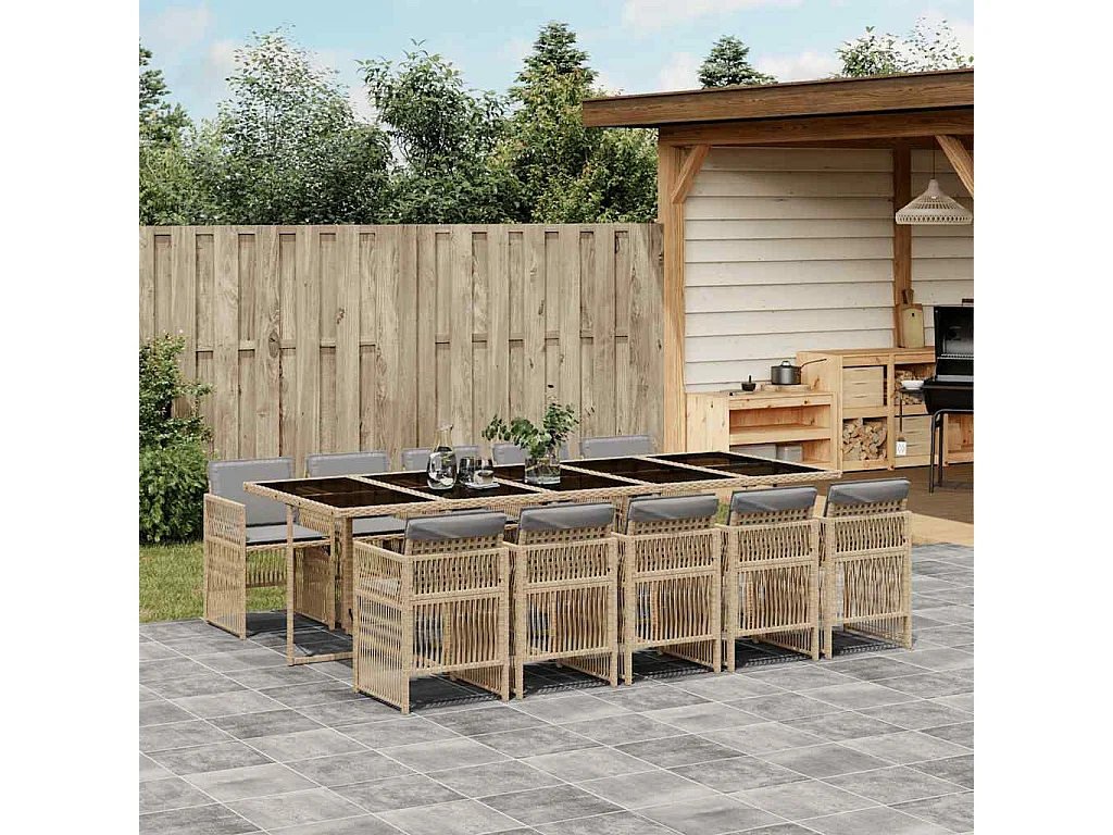 11 pcs conjunto jantar p/ jardim c/ almofadões vime PE cinzento