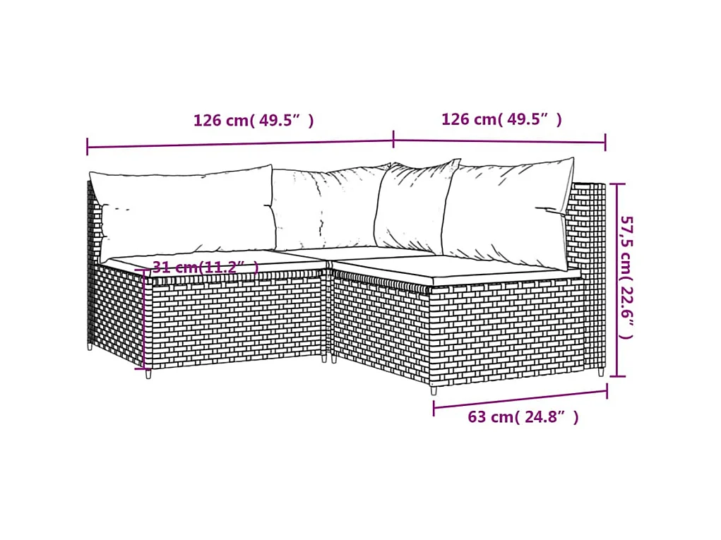 Salon de jardin 3 pcs avec coussins marron résine tressée