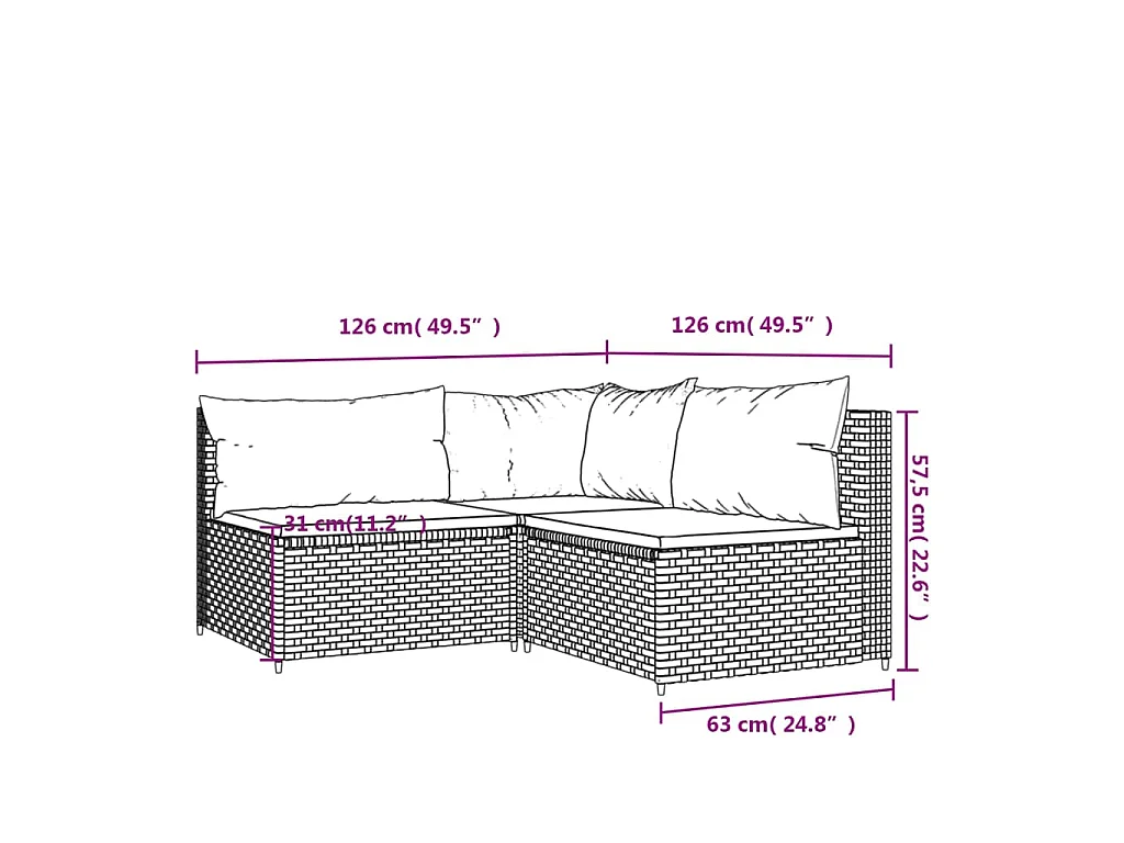 Set Mobili da Giardino 3 pz con Cuscini in Polyrattan Marrone