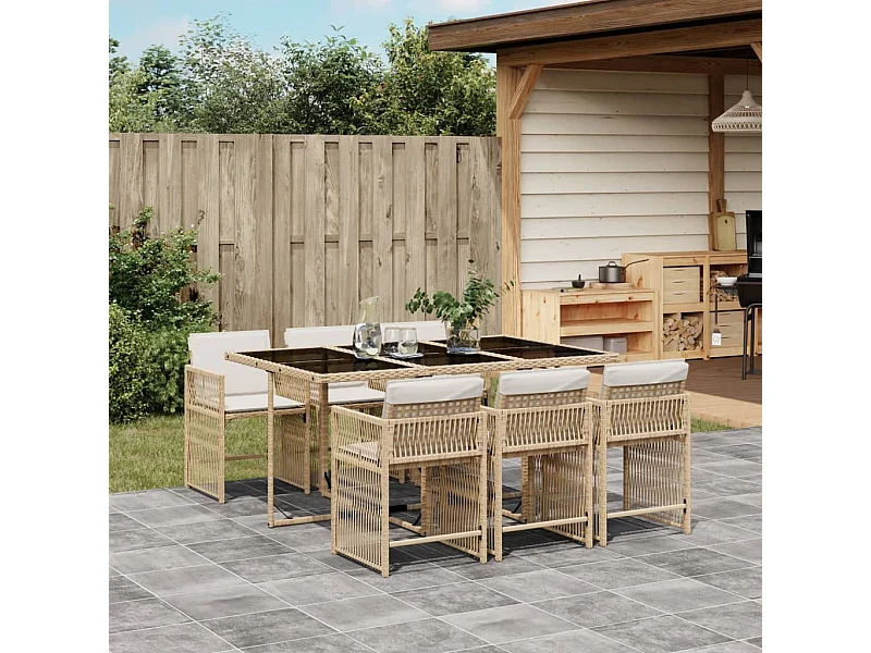 Set da Pranzo da Giardino 7 pz con Cuscini Beige in Polyrattan