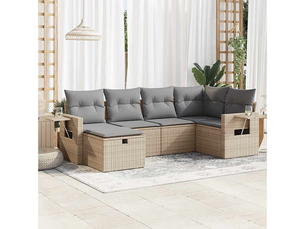 Salon de jardin avec coussins 6 pcs beige résine tressée