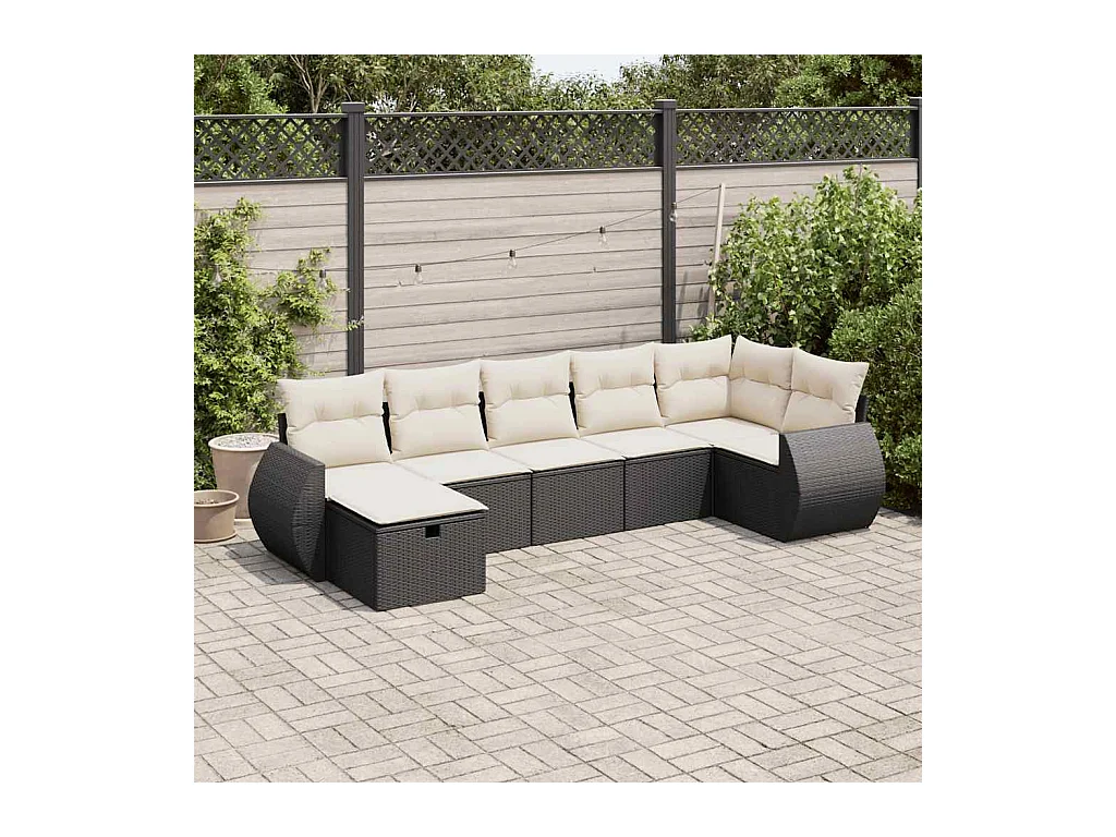 Salon de jardin 7 pcs avec coussins noir résine tressée