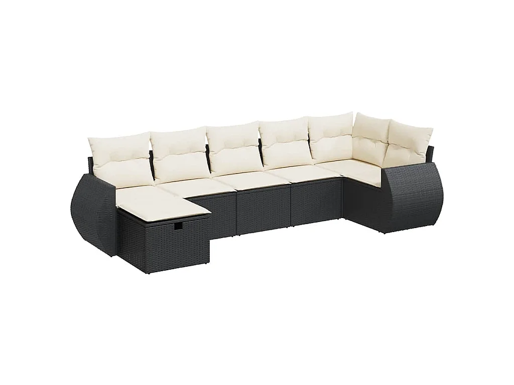 7-tlg. Garten-Sofagarnitur mit Kissen Schwarz Poly Rattan