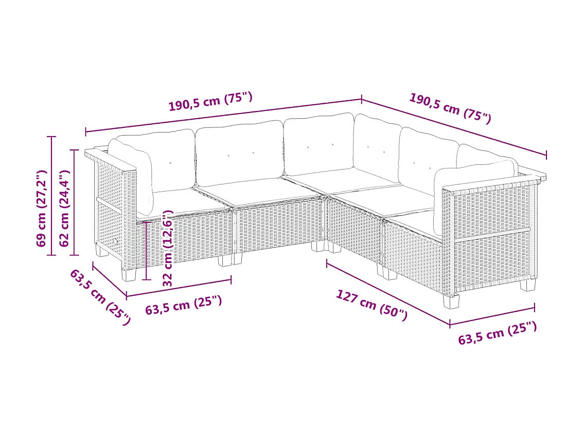 Set Divano da Giardino 5 pz con Cuscini Beige in Polyrattan