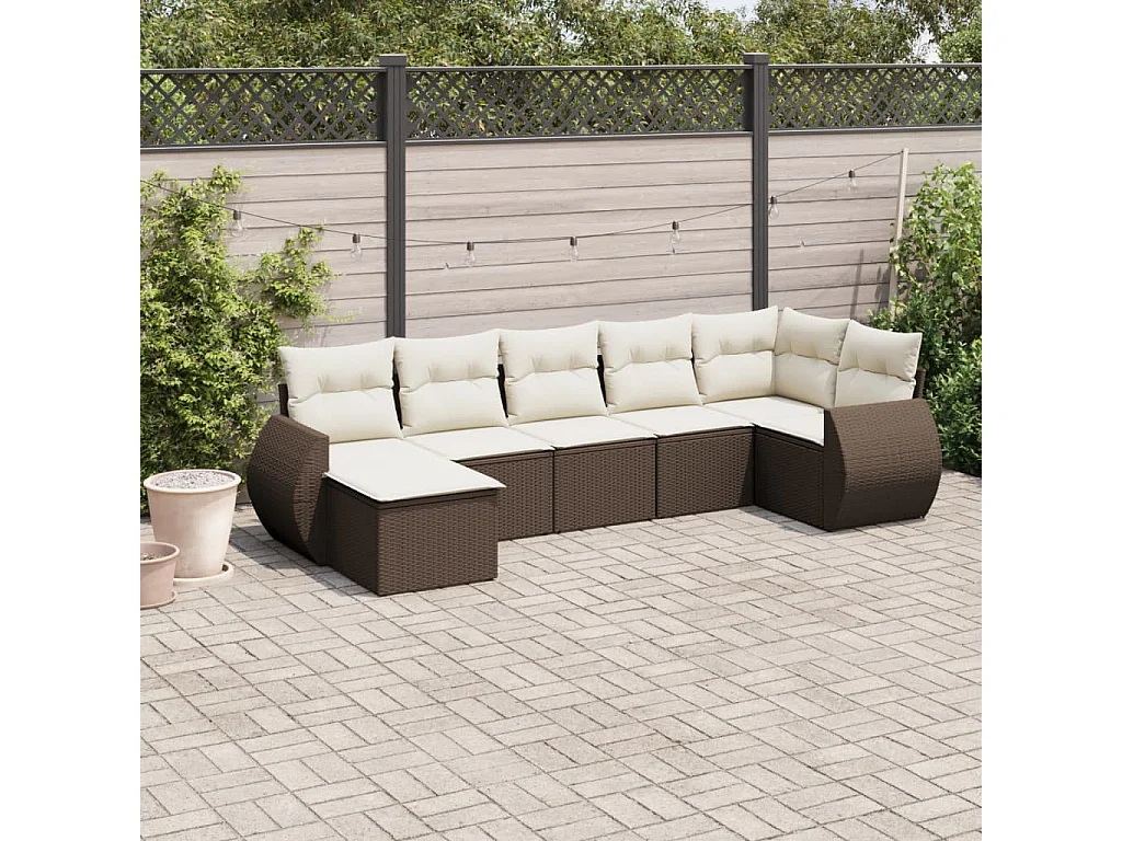 Set Divani da Giardino 7 pz con Cuscini Marrone in Polyrattan
