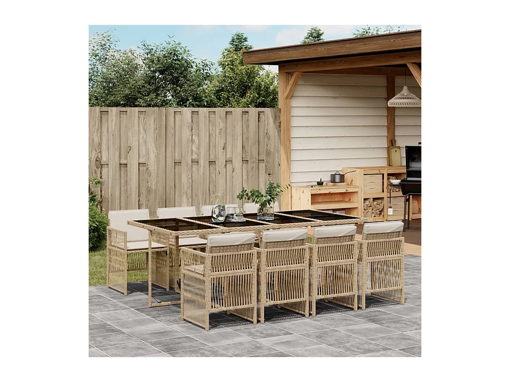 Ensemble à manger de jardin et coussins 9 pcs beige Poly rotin