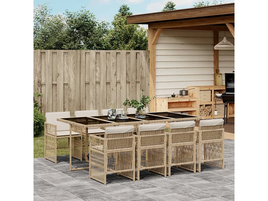Ensemble à manger de jardin et coussins 9 pcs beige Poly rotin