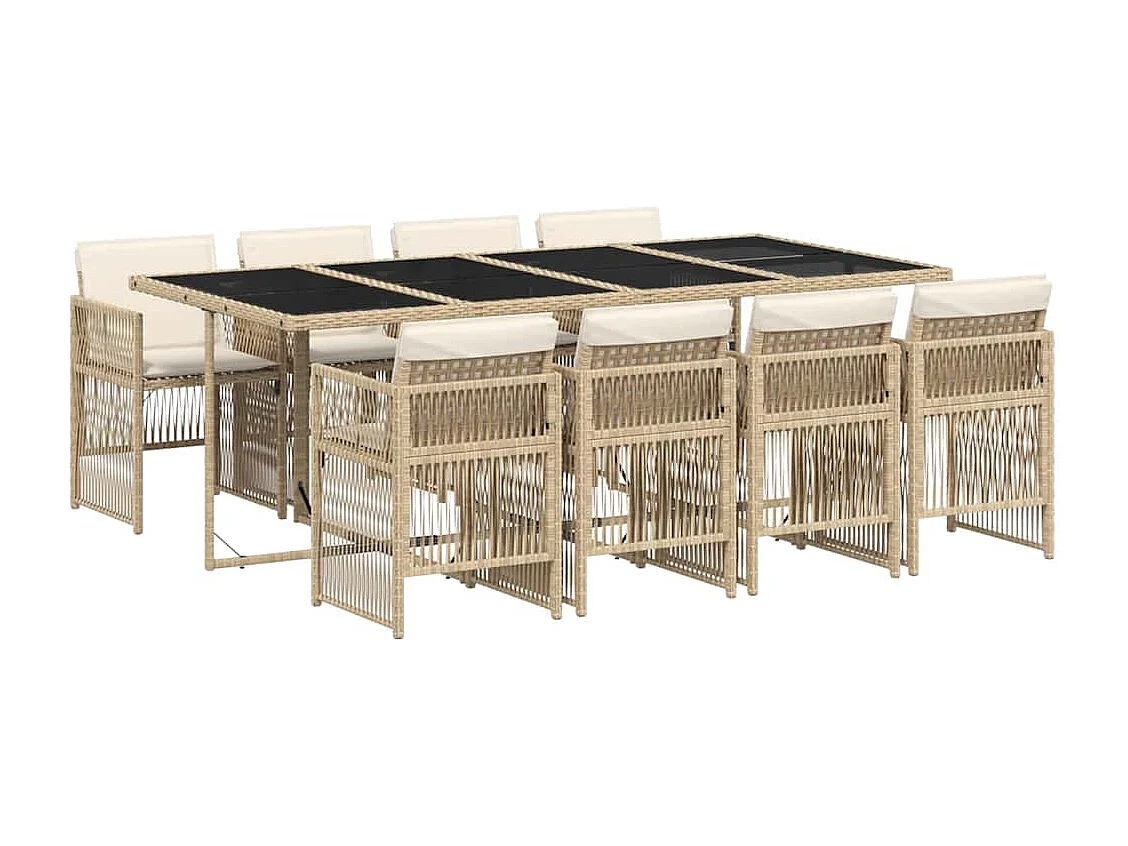 Set da Pranzo da Giardino 9 pz con Cuscini Beige in Polyrattan