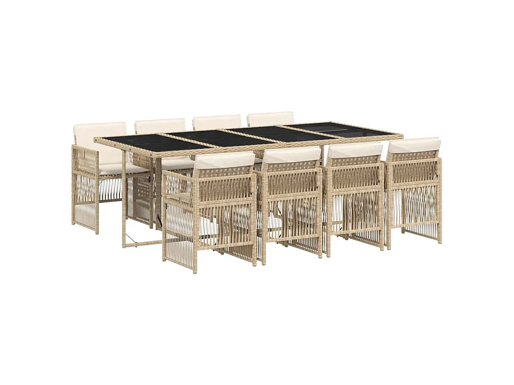 Ensemble à manger de jardin et coussins 9 pcs beige Poly rotin