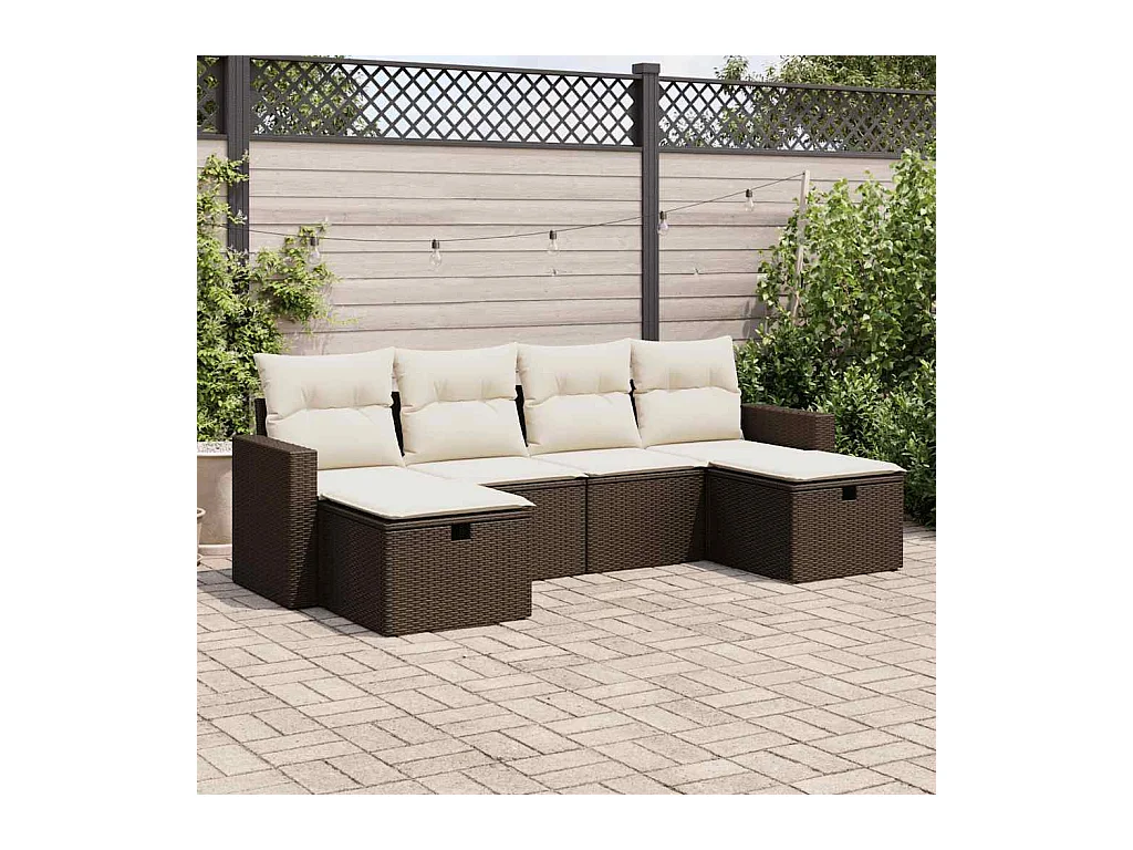 Set Divano da Giardino 6 pz con Cuscini Marrone in Polyrattan