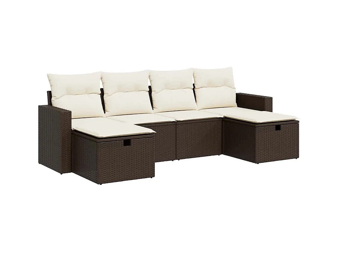 Set Divano da Giardino 6 pz con Cuscini Marrone in Polyrattan