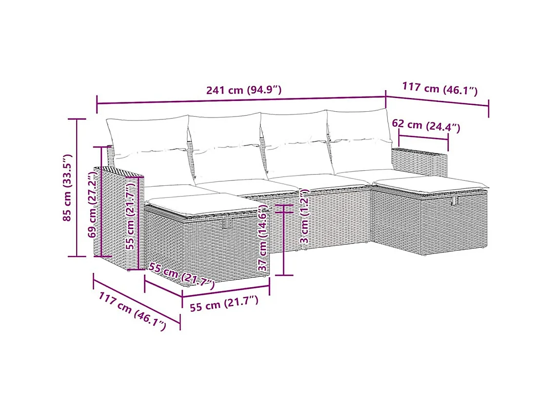 Set Divano da Giardino 6 pz con Cuscini Marrone in Polyrattan