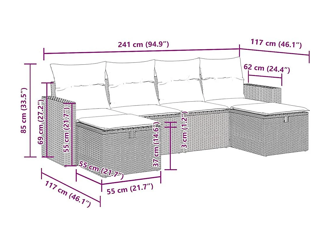 6-tlg. Garten-Sofagarnitur mit Kissen Braun Poly Rattan