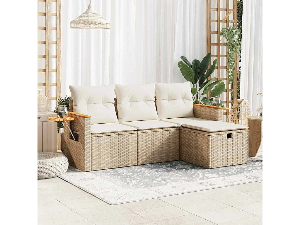 Set Divano da Giardino 4 pz con Cuscini Beige in Polyrattan