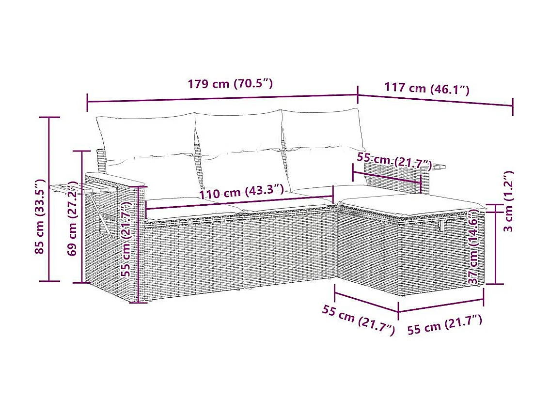 Set Divano da Giardino 4 pz con Cuscini Beige in Polyrattan