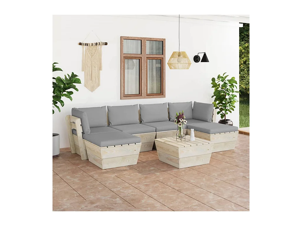 Set Divani da Giardino su Pallet 7 pz con Cuscini Legno Abete