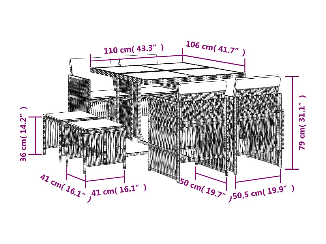 9-delige Tuinset met kussens poly rattan bruin