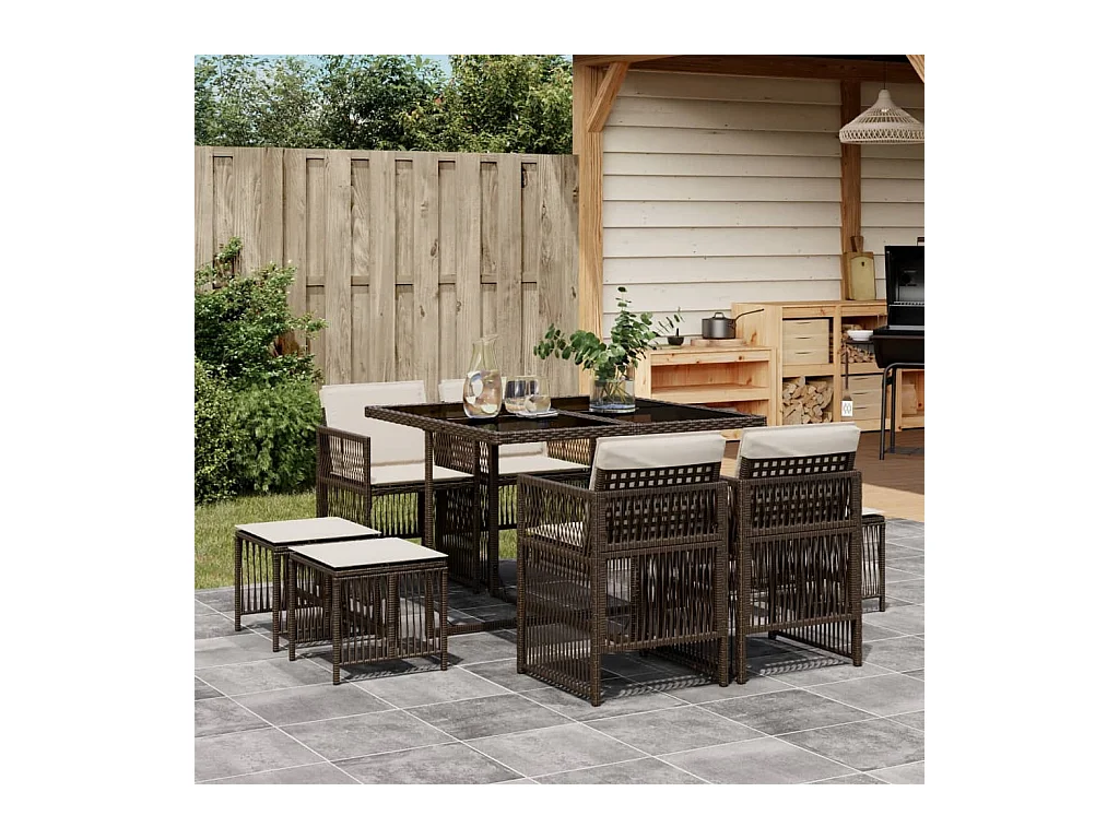 Ensemble à manger de jardin et coussins 9 pcs marron poly rotin