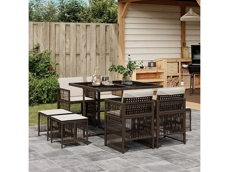 9 pcs conjunto jantar p/ jardim c/ almofadões vime PE castanho