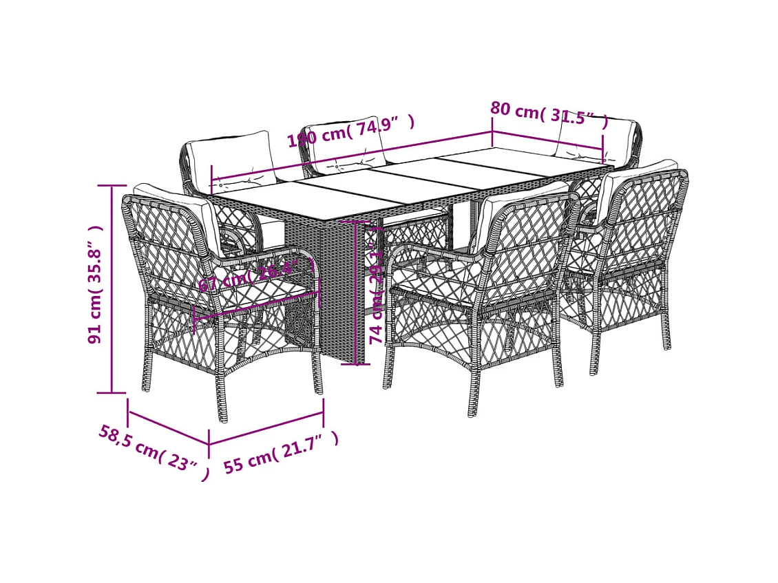 Ensemble à manger de jardin et coussins 7 pcs gris clair rotin