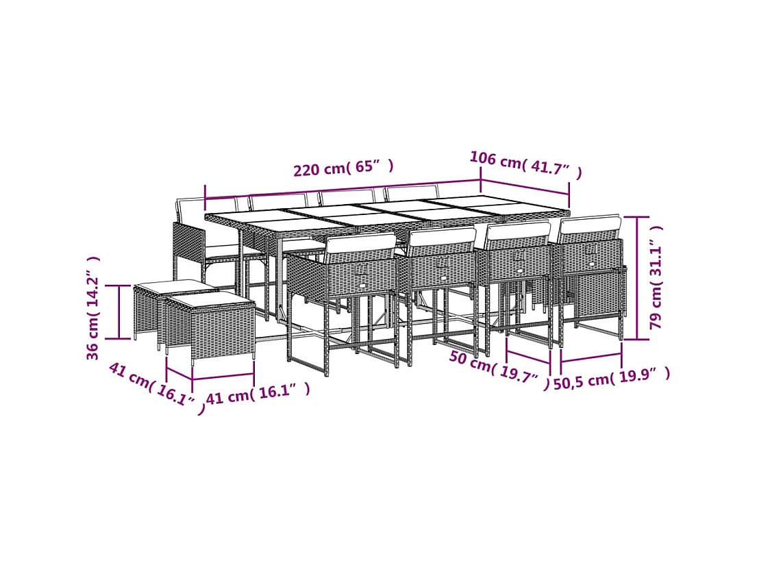 Ensemble à manger de jardin coussins 13 pcs gris résine tressée
