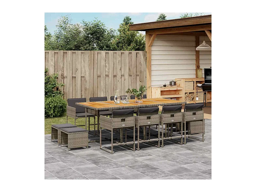 Ensemble à manger de jardin coussins 13 pcs gris résine tressée
