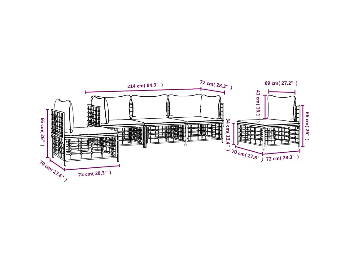 Salon de jardin 5 pcs avec coussins anthracite résine tressée
