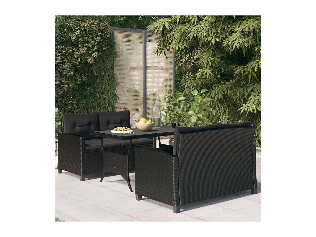 Set comedor de jardín 3 pzas con cojines ratán sintético negro