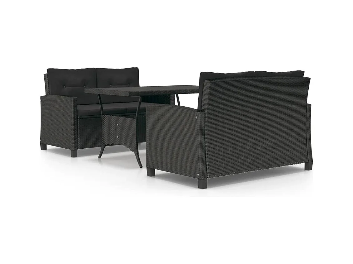 Set comedor de jardín 3 pzas con cojines ratán sintético negro