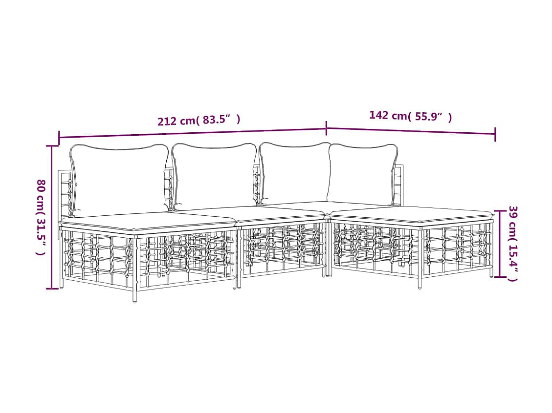 4-delige Loungeset met kussens poly rattan antracietkleurig