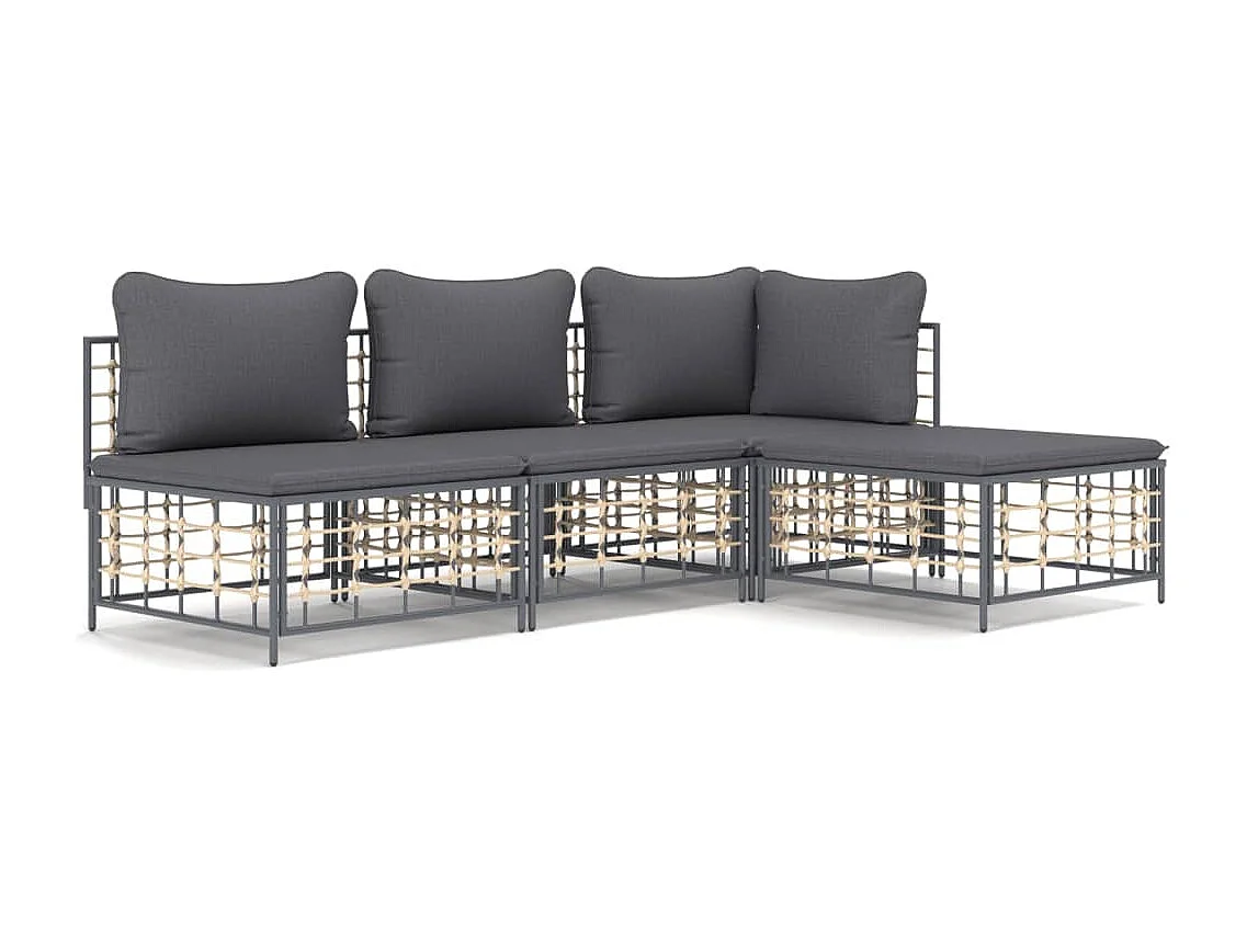 4-tlg. Garten-Lounge-Set mit Kissen Anthrazit Poly Rattan