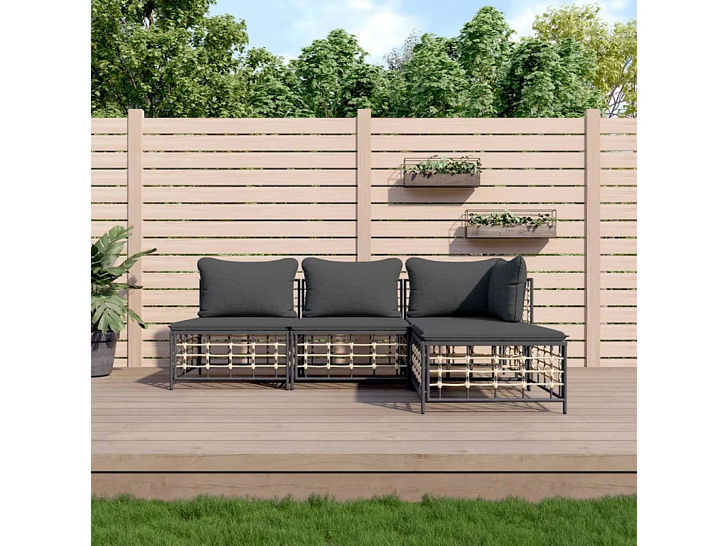 4-tlg. Garten-Lounge-Set mit Kissen Anthrazit Poly Rattan