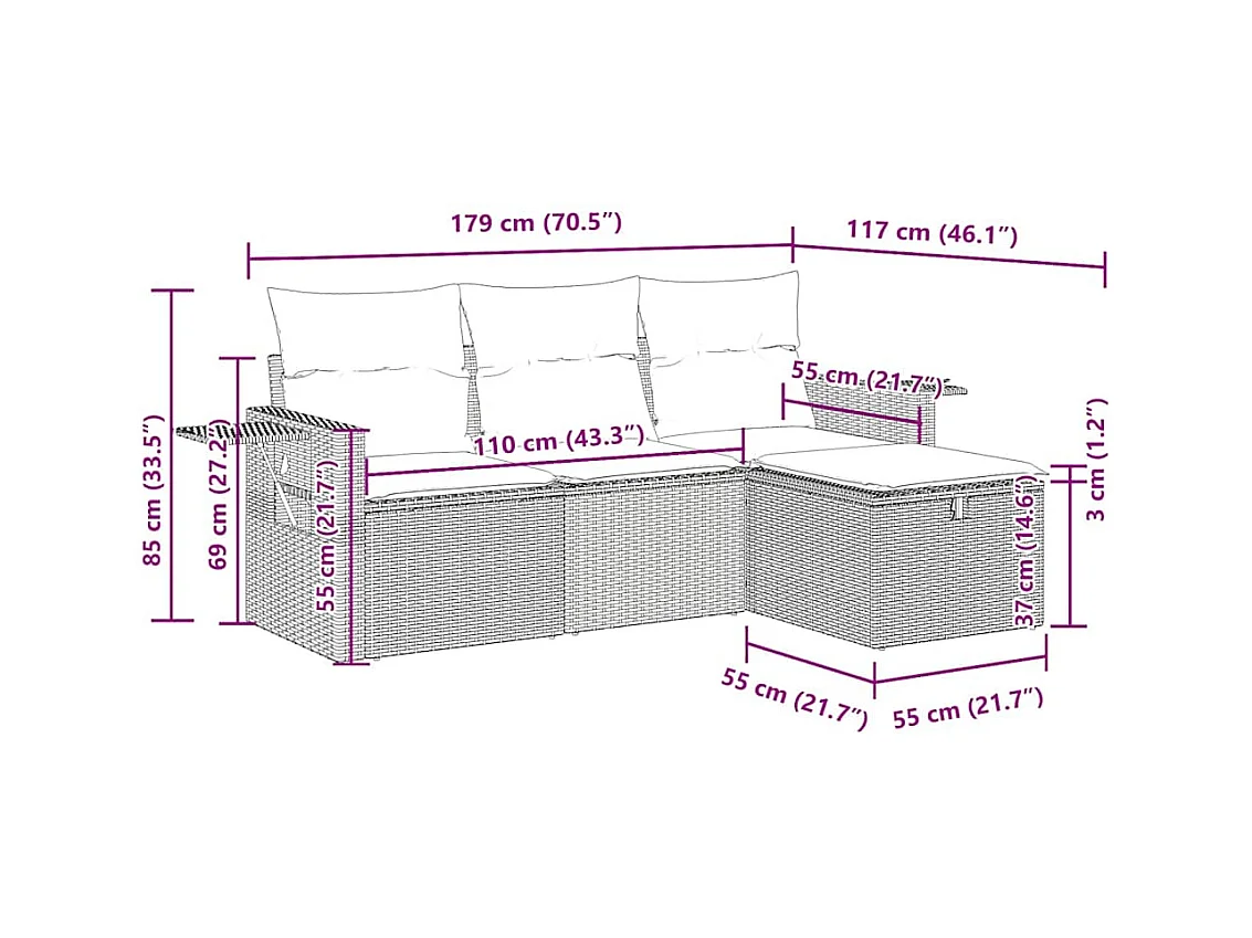Set Divani da Giardino 4 pz con Cuscini Nero in Polyrattan