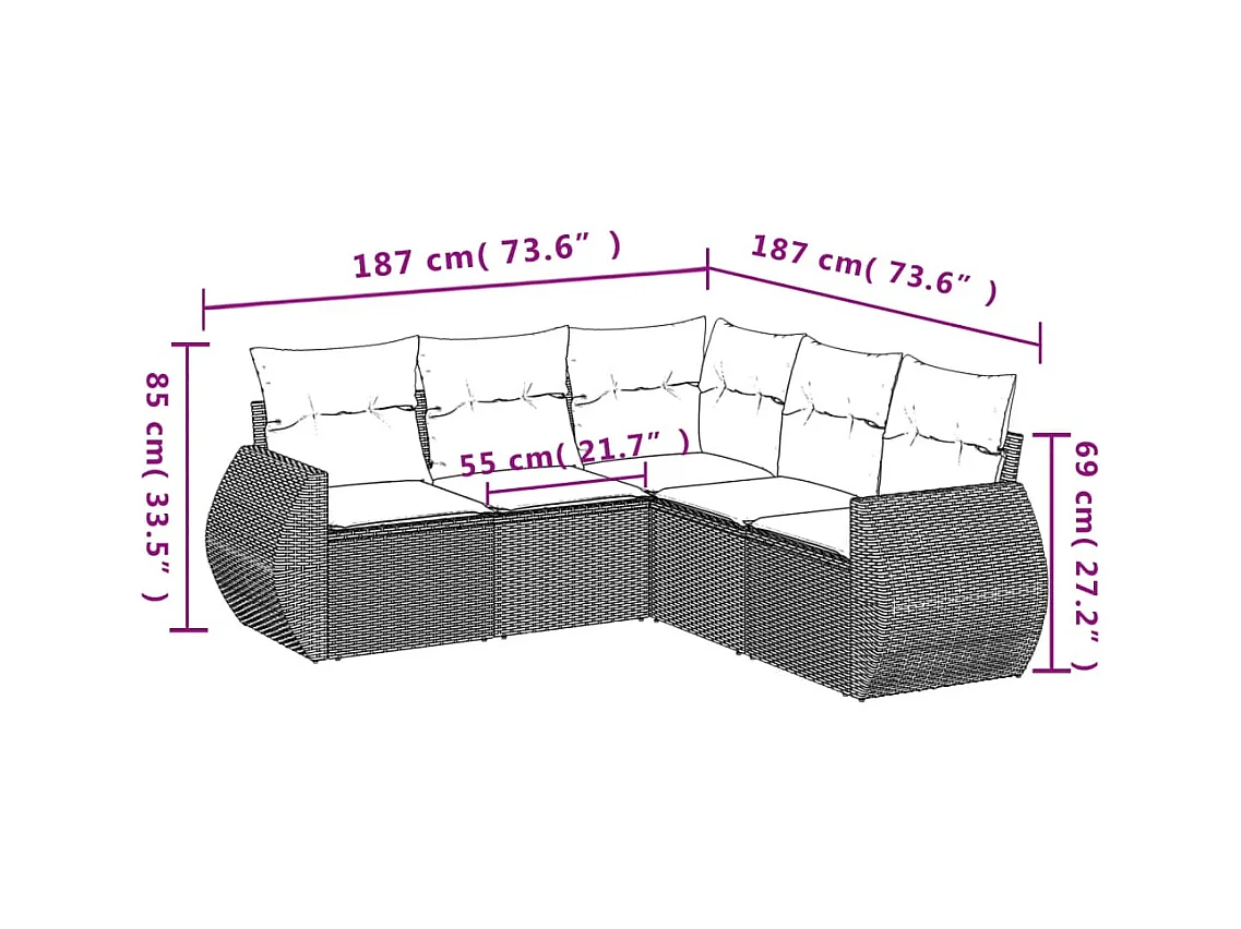 5-delige Loungeset met kussens poly rattan bruin