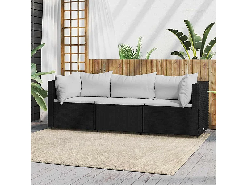 3-tlg. Garten-Lounge-Set mit Kissen Schwarz Poly Rattan
