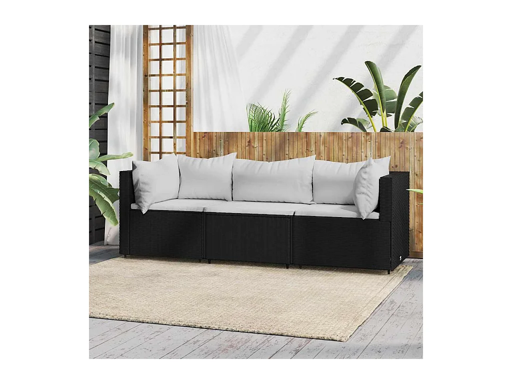 Salon de jardin 3 pcs avec coussins Noir Résine tressée