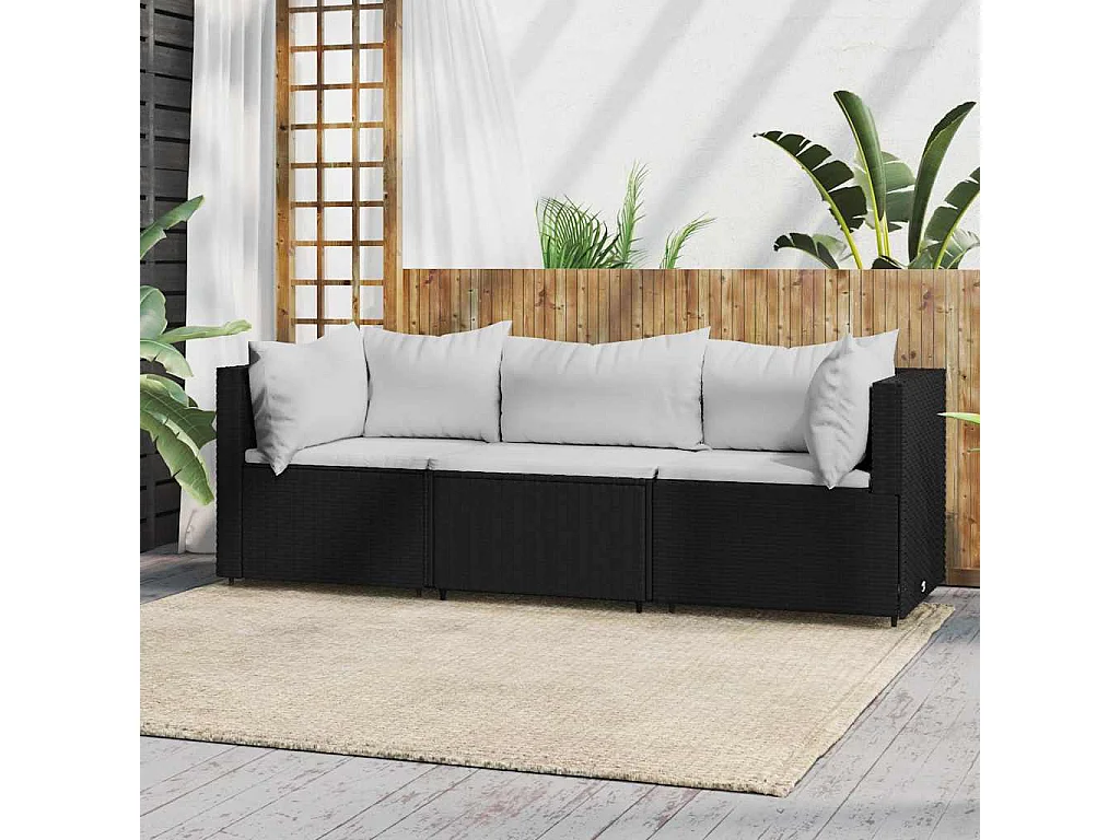 3-tlg. Garten-Lounge-Set mit Kissen Schwarz Poly Rattan
